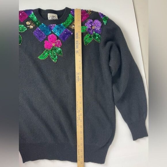 Vtg 80s Women's Medium In Charge Black Floral Sequin Sweater Lambswool Angora - Picture 7 of 11